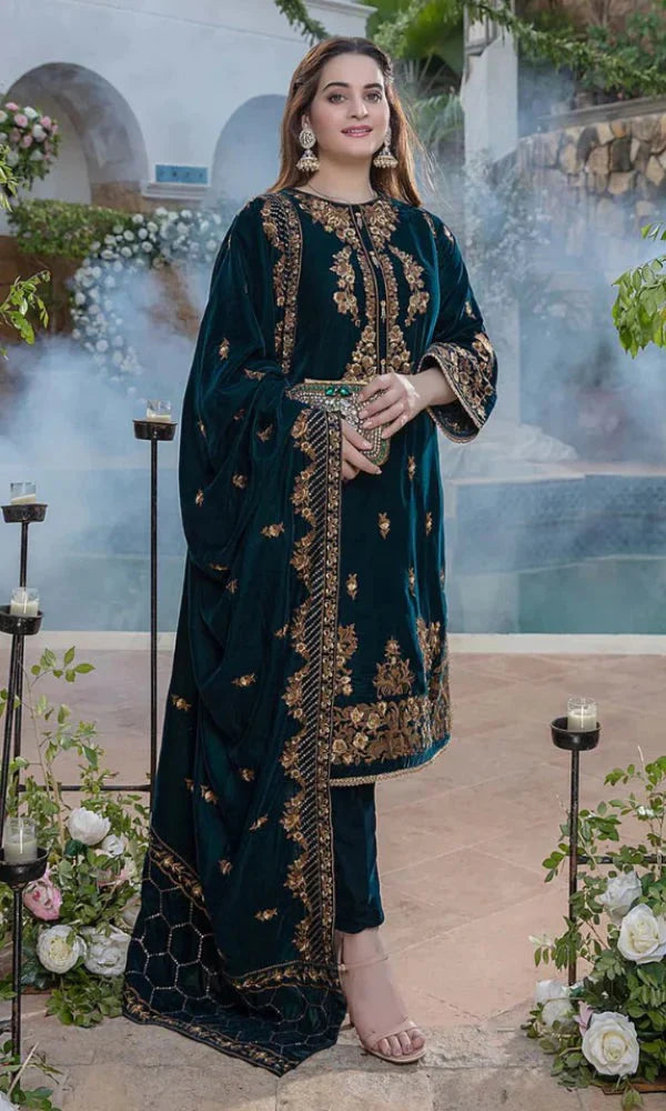 Azure - 3PC  Velvet Embroidered Suit -