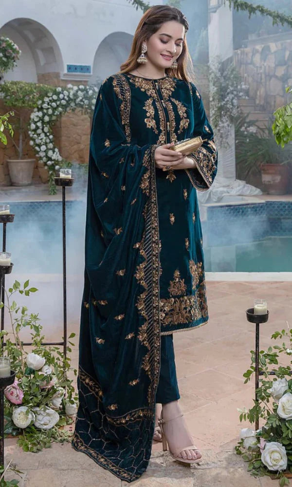 Azure - 3PC  Velvet Embroidered Suit -
