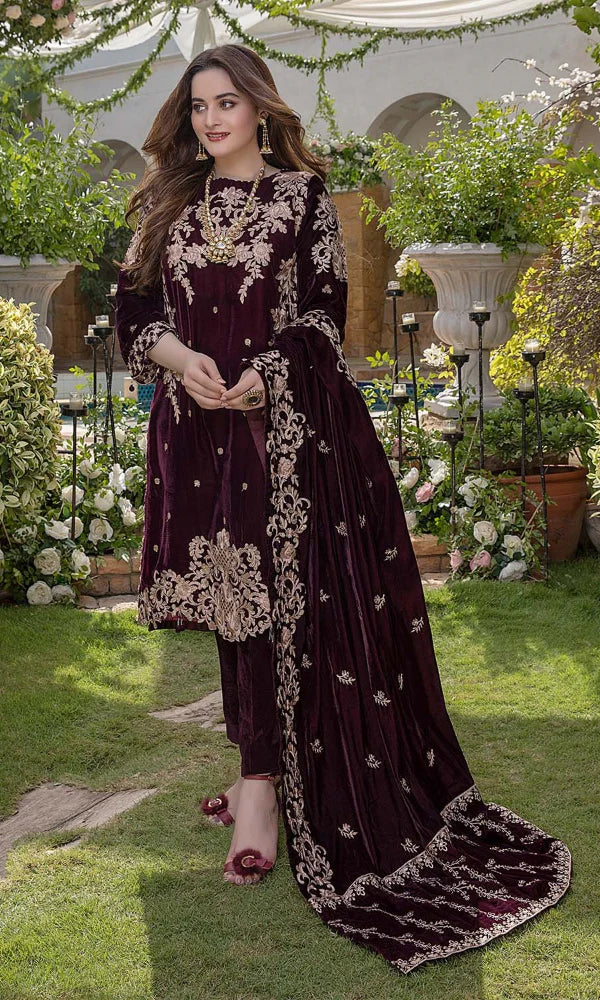 Azure - 3PC  Velvet Embroidered Suit  -