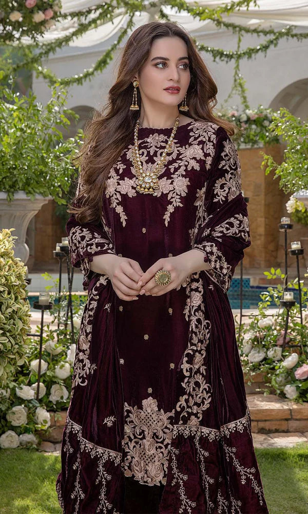 Azure - 3PC  Velvet Embroidered Suit  -