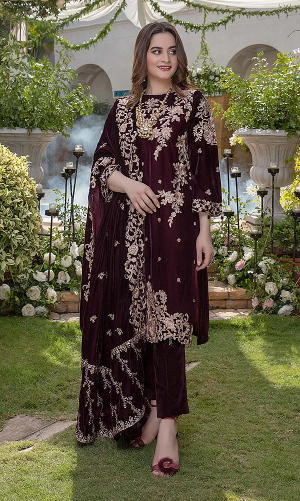 Azure - 3PC  Velvet Embroidered Suit  -