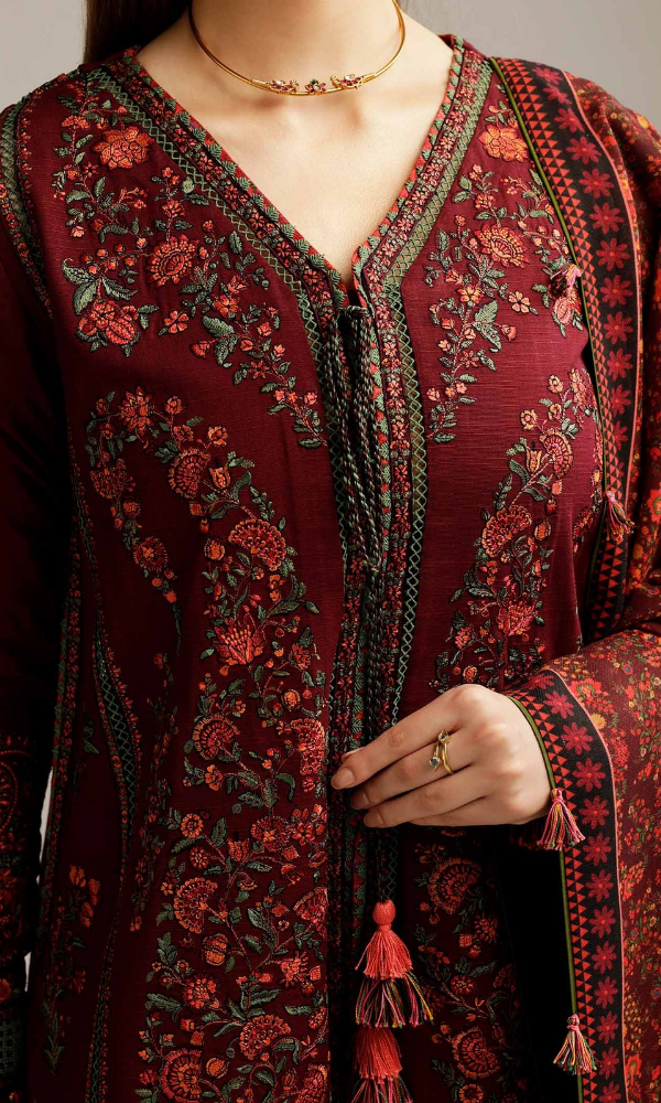 Hussain Rehar - 3PC Heavy Embroidered Dhanak Suit ( Printed Wool Shawl )