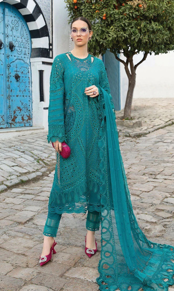 Maria.B 3PC Heavy Embroidered Chickan Kari Lawn Suit ( Full Embroidered Chiffon Dupatta )