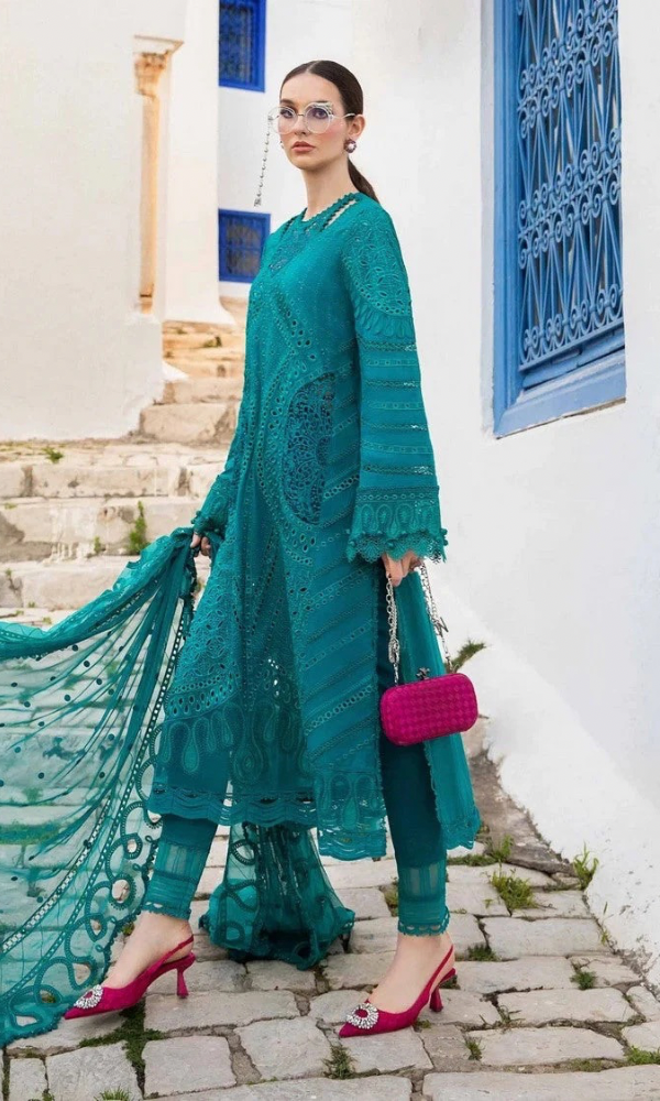 Maria.B 3PC Heavy Embroidered Chickan Kari Lawn Suit ( Full Embroidered Chiffon Dupatta )