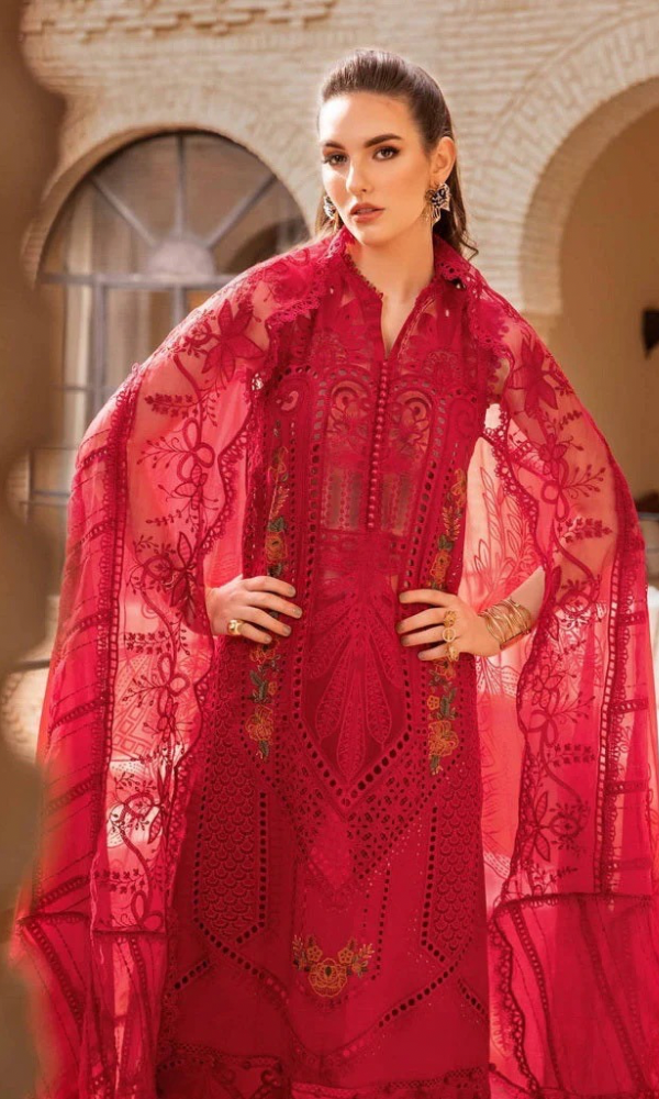 Maria.B 3PC Heavy Embroidered Chickan Kari Lawn Suit ( Four-Sided Embroidered Organza Dupatta )