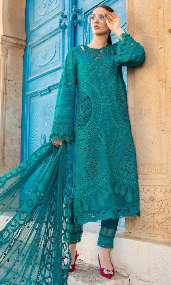Maria.B 3PC Heavy Embroidered Chickan Kari Lawn Suit ( Full Embroidered Chiffon Dupatta )