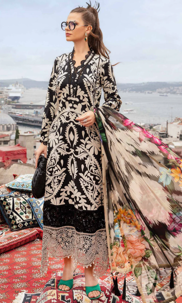 Maria.b 3PC - Digital Printed Embroidered Lawn Suit ( Fine Printed Silk Dupatta )