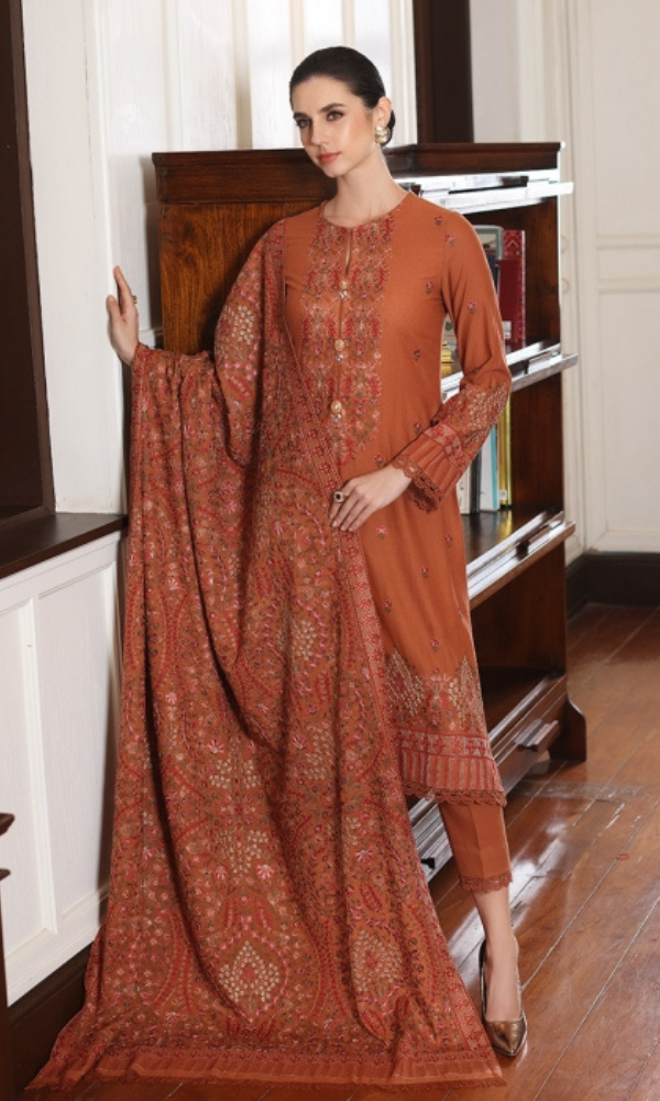 Bareeze 3PC - Heavy Embroidered Dhanak Suit ( Full Embroidered Dhanak Wool Shawl ) Bareeze # 01