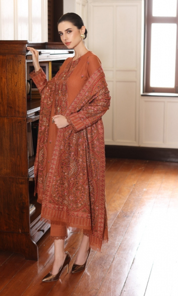 Bareeze 3PC - Heavy Embroidered Dhanak Suit ( Full Embroidered Dhanak Wool Shawl ) Bareeze # 01
