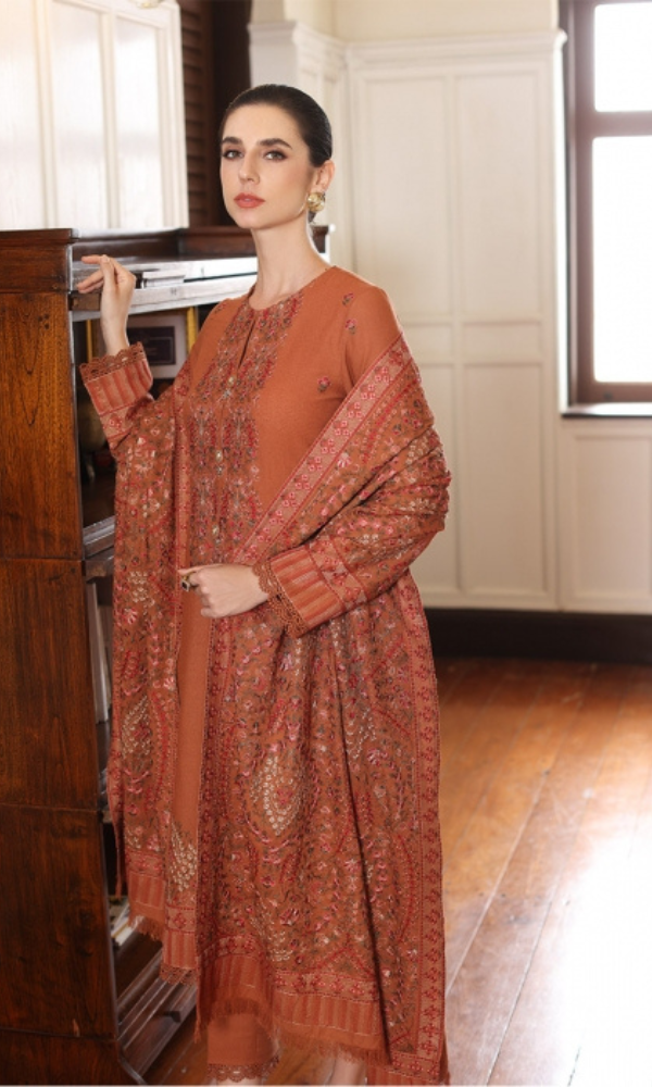Bareeze 3PC - Heavy Embroidered Dhanak Suit ( Full Embroidered Dhanak Wool Shawl ) Bareeze # 01