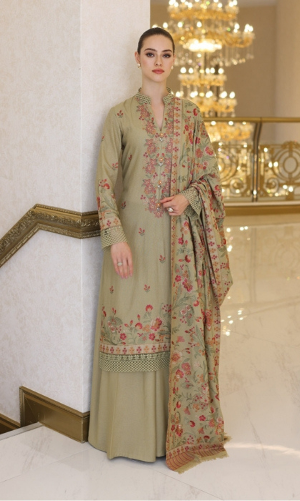Bareeze 3PC - Heavy Embroidered Dhanak Suit ( Full Embroidered Dhanak Wool Shawl ) Bareeze # 002