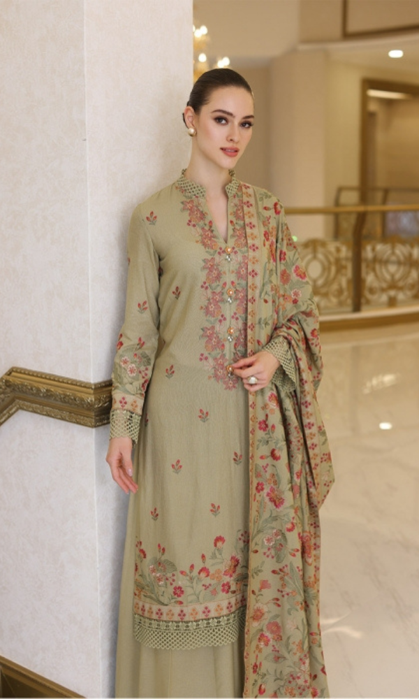 Bareeze 3PC - Heavy Embroidered Dhanak Suit ( Full Embroidered Dhanak Wool Shawl ) Bareeze # 002