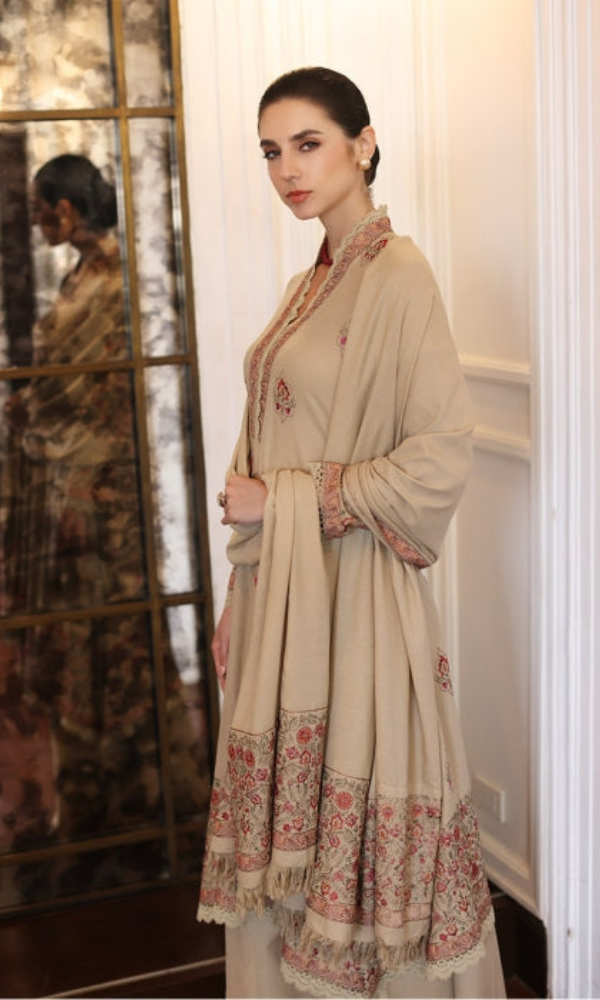Bareeze - 3PC Heavy Embroidered Dhanak Suit ( Full Embroidered Dhanak Wool Shawl )