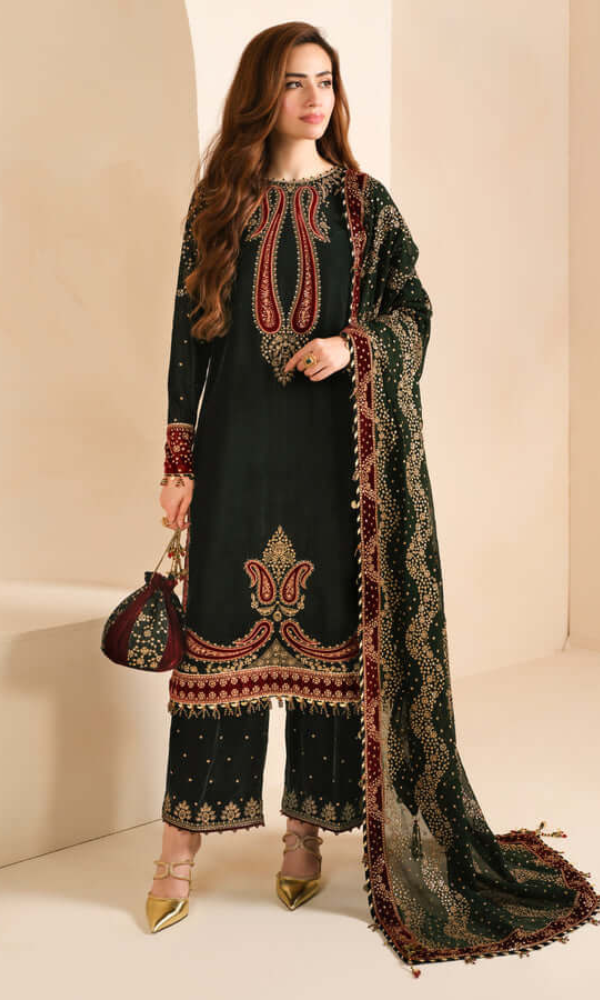 Jazmine 3PC Heavy Embroidered Velvet Suit ( Full Embroidered Chiffon Dupatta ) Jazmine