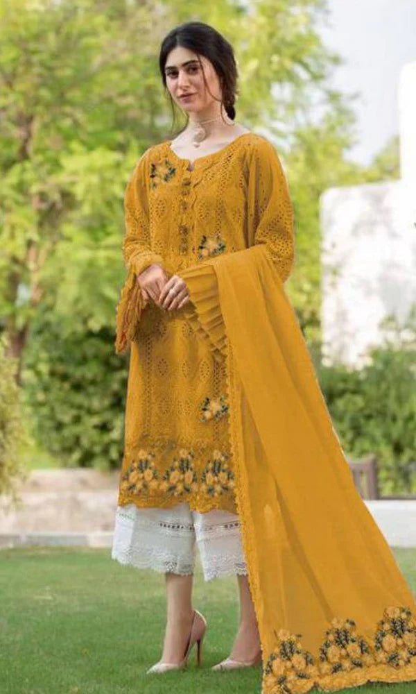 Maria B. - 3PC Lawn Chicken Kari Heavy Embroidered Shirt With Bamber Chiffon Embroidered Dupatta