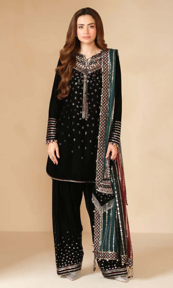 Jazmine 3-PC  Heavy Embroidered Velvet Suit Full Embroidered Chiffon Dupatta