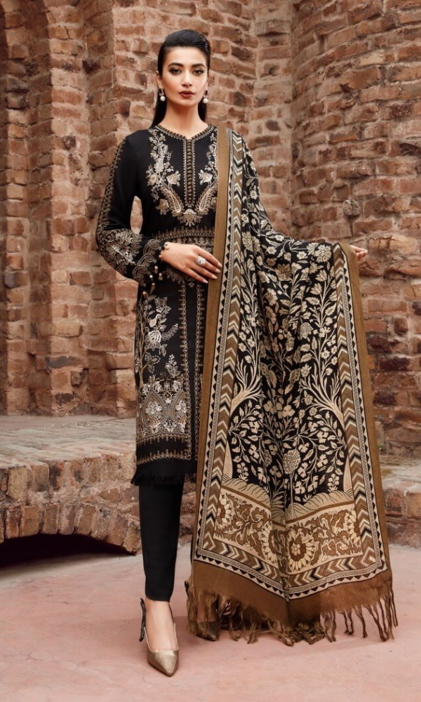 Maria.B 3 Piece Heavy Embroidered Dhanak Suit ( Printed Wool Shawl )