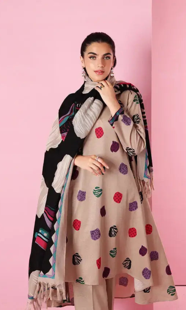 Nishat 3 Piece Embroidered Dhanak Suit ( Wool Printed Dupatta)