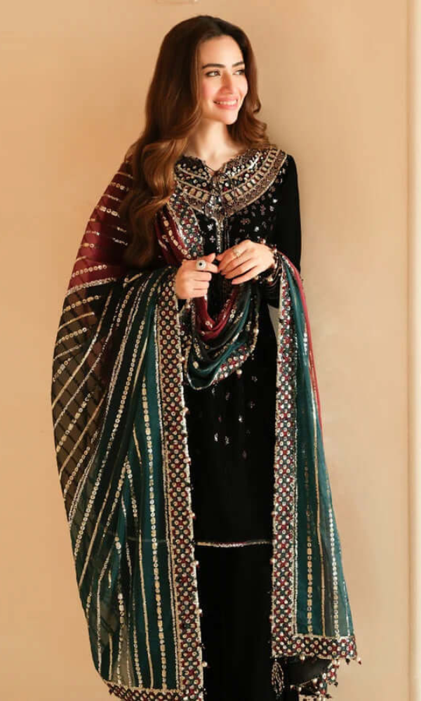 Jazmine 3-PC  Heavy Embroidered Velvet Suit Full Embroidered Chiffon Dupatta