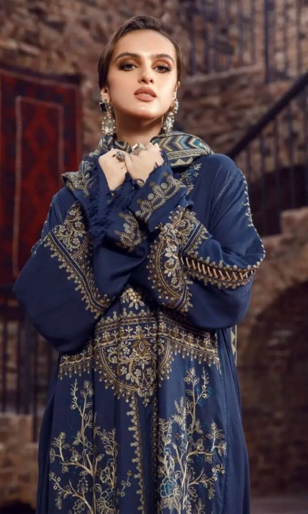 Maria.B 3 Piece  Heavy Embroidered Dhanak Suit ( Printed Wool Shawl )