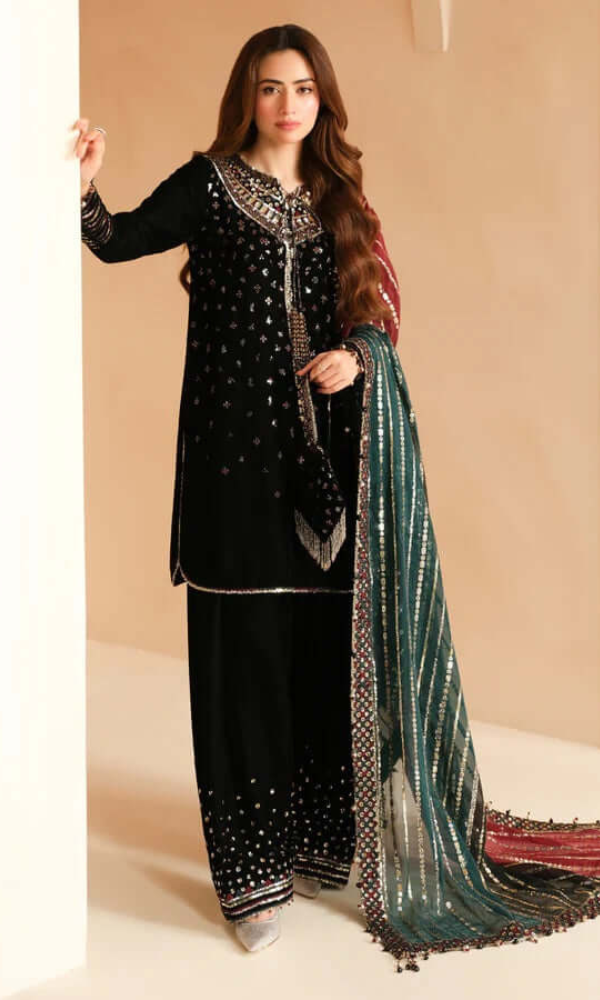 Jazmine 3-PC  Heavy Embroidered Velvet Suit Full Embroidered Chiffon Dupatta