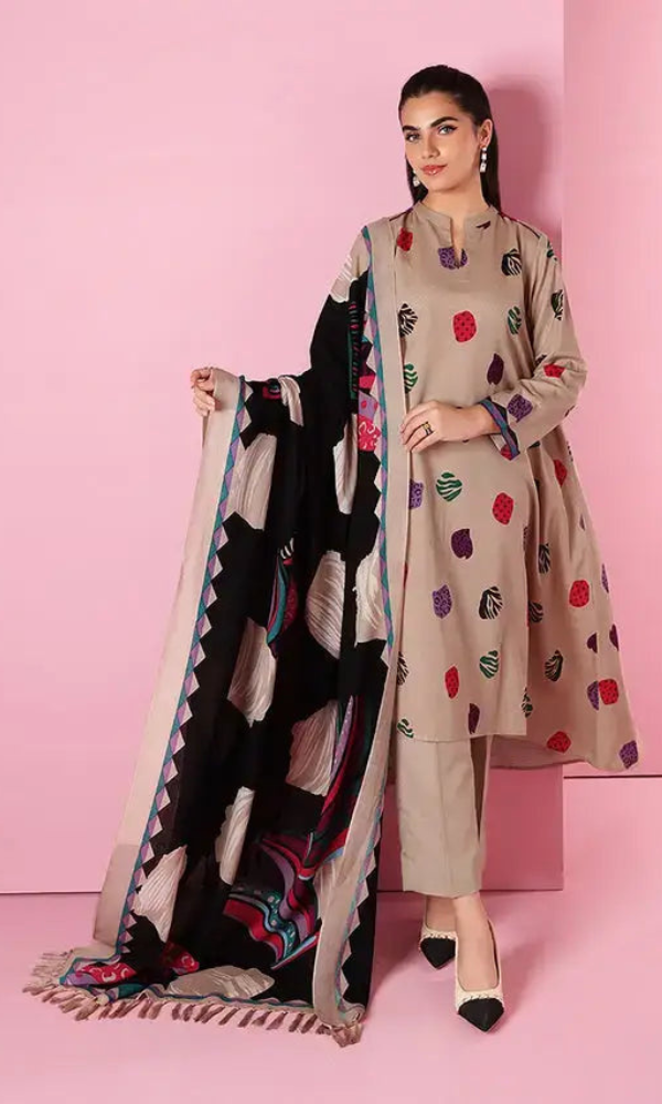 Nishat 3 Piece Embroidered Dhanak Suit ( Wool Printed Dupatta)