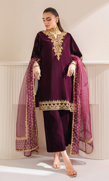 Baroque - 3PC Velvet Embroidered Suit - Ajk7189