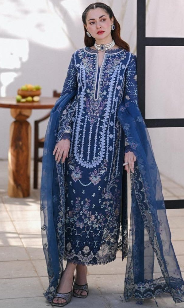Qalamkar 3PC Embroidered Lawn Shirt with Embroidered Organza Dupatta