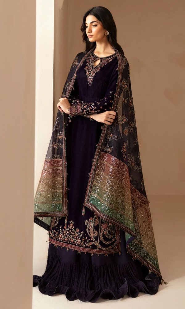 Jazmine 3PC Heavy Embroidered Velvet Suit ( Heavy Embroidered Organza Dupatta )JZM#1073
