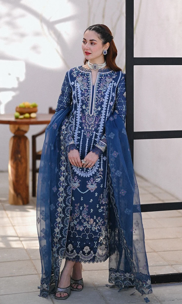 Qalamkar 3PC Embroidered Lawn Shirt with Embroidered Organza Dupatta