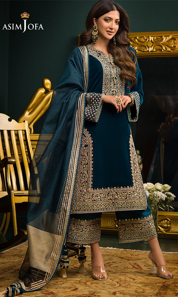 Asim Jofa - 3PC Velvet Embroidered Suit - AJ089