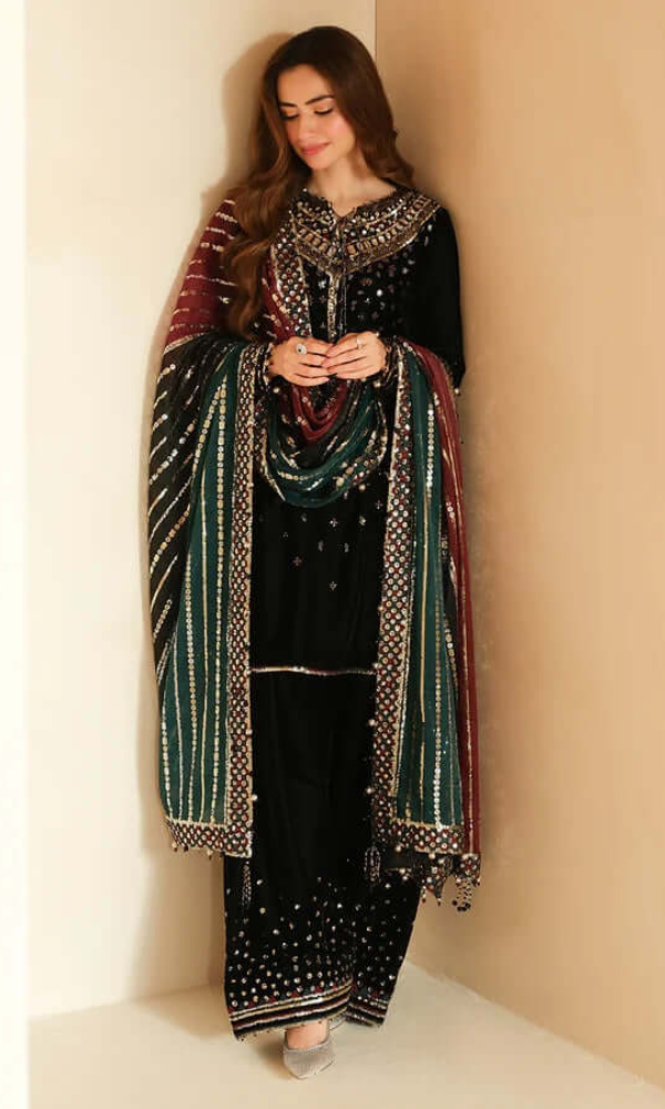 Jazmine 3-PC  Heavy Embroidered Velvet Suit Full Embroidered Chiffon Dupatta