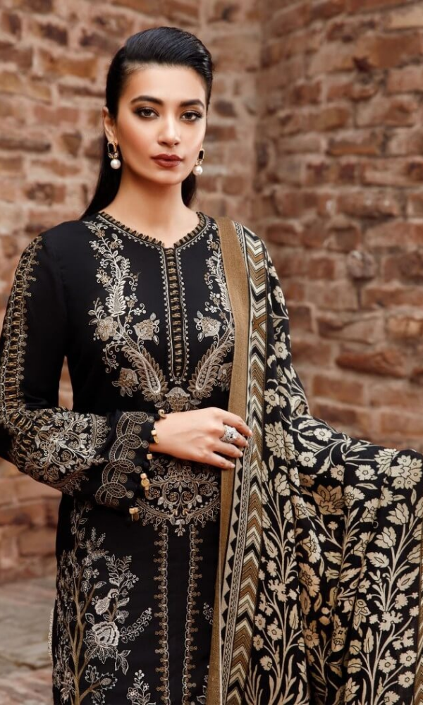 Maria.B 3 Piece Heavy Embroidered Dhanak Suit ( Printed Wool Shawl )