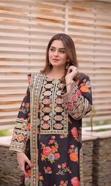 Baroque 3PC Heavy Embroidered Shamoz Silk Suit ( Four-sided Embroidered Ready to Wear Shamoz Silk Dupatta )