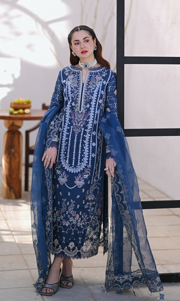 Qalamkar 3PC Embroidered Lawn Shirt with Embroidered Organza Dupatta