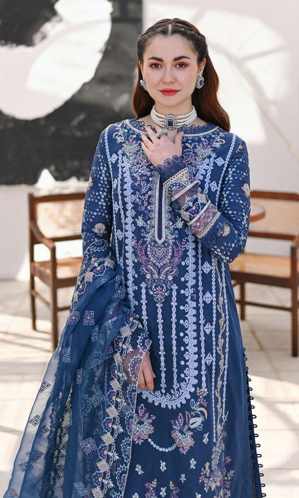 Qalamkar 3PC Embroidered Lawn Shirt with Embroidered Organza Dupatta