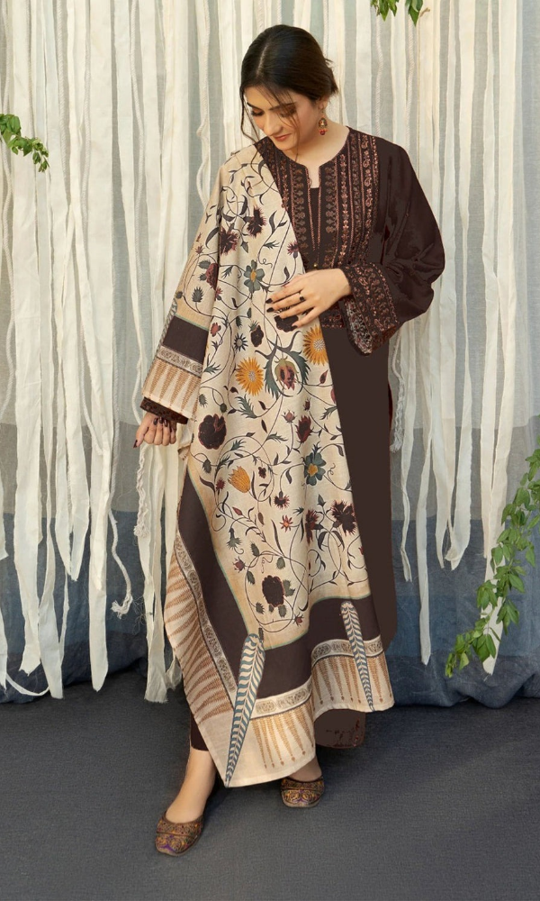 Urge 3PC Heavy Embroidered Dhanak Suit ( Printed Woolen Shawl )