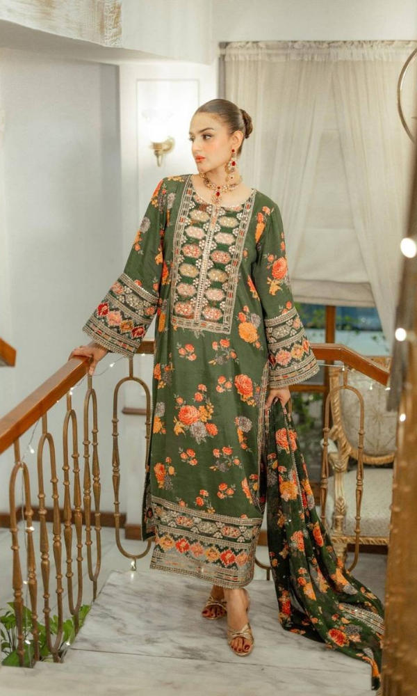 Baroque 3PC Heavy Embroidered Shamoz Silk Suit ( Four-sided Embroidered Ready to Wear Shamoz Silk Dupatta )