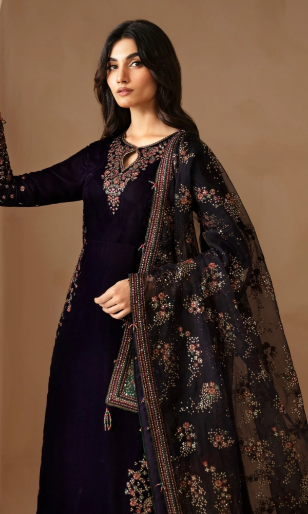 Jazmine 3PC Heavy Embroidered Velvet Suit ( Heavy Embroidered Organza Dupatta )JZM#1073