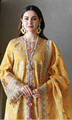 Qalamkar - 3PC Heavy Embroidered Lawn Suit Four Sided Embroidered Organza Dupatta